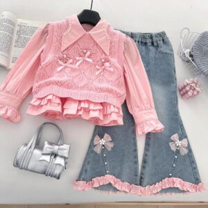 ensemble 3 pièces fille – gilet cœur, chemise & jean